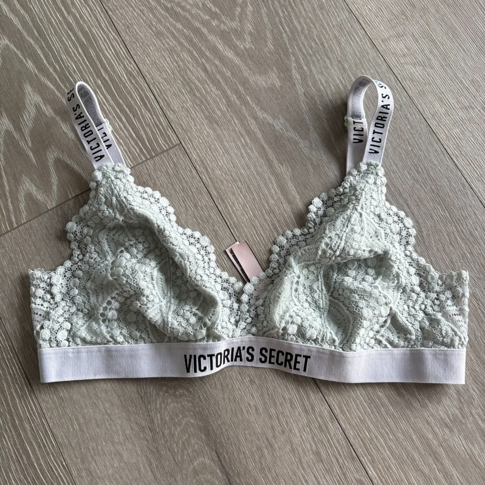 Victoria's Secret Womens Light Green Crochet Lace Logo Strap Bralette Bra Size M